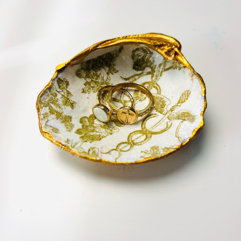 Handmade Clam Shell Trinket Tray W/ Gold Angel Decoupage Design.